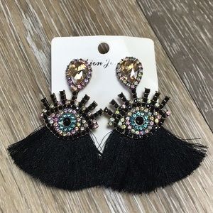 Aurora Rhinestone evil eye black fringe drop earrings